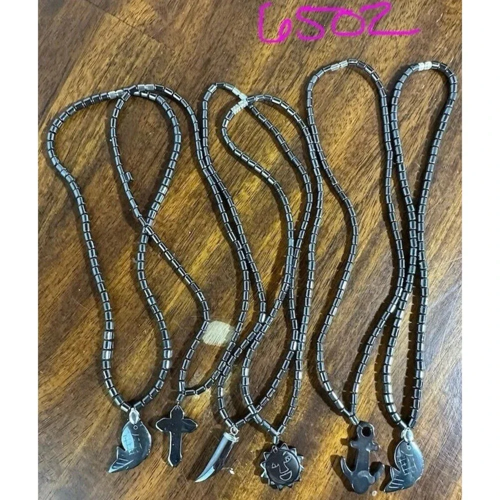 6Pc Hematite Stone Pendant Necklace Lot Fish Cross Anchor Horn Sun Heart